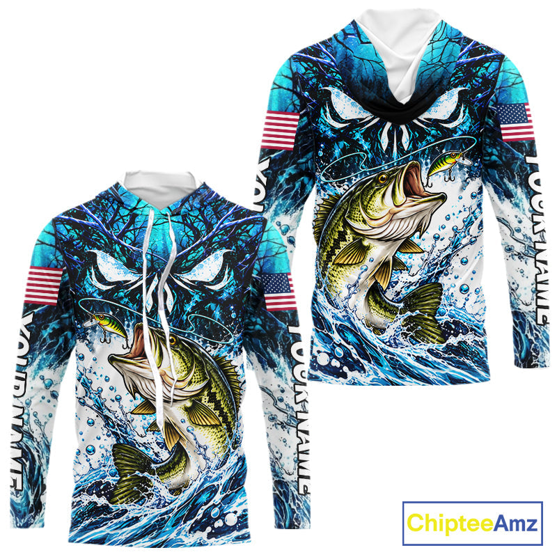 Jumping Bass Catch Lure Hooded Fishing Shirt Personalized Monster Eyes Splash Blue Water Outdoor Apparel