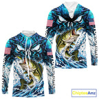 Jumping Bass Catch Lure Hooded Fishing Shirt Personalized Monster Eyes Splash Blue Water Outdoor Apparel