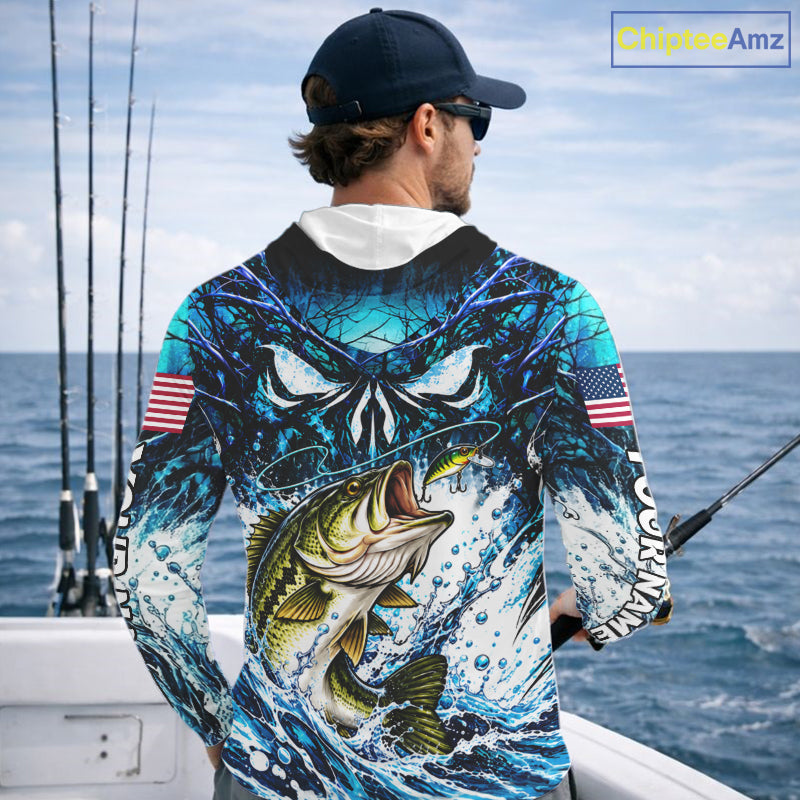 Jumping Bass Catch Lure Hooded Fishing Shirt Personalized Monster Eyes Splash Blue Water Outdoor Apparel