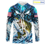 Jumping Bass Catch Lure Hooded Fishing Shirt Personalized Monster Eyes Splash Blue Water Outdoor Apparel