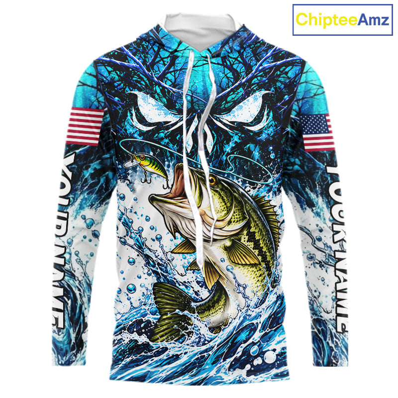 Jumping Bass Catch Lure Hooded Fishing Shirt Personalized Monster Eyes Splash Blue Water Outdoor Apparel