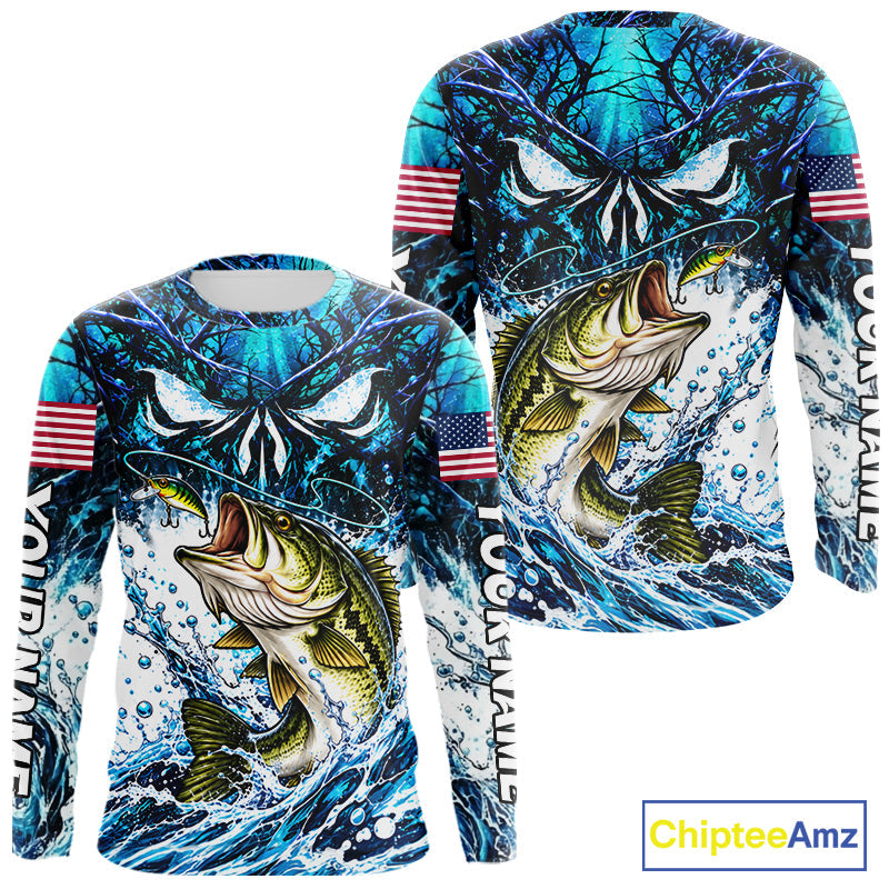 Jumping Bass Catch Lure Fishing Shirt Long Sleeve Personalized Monster Eyes Splash Blue Water Outdoor Apparel