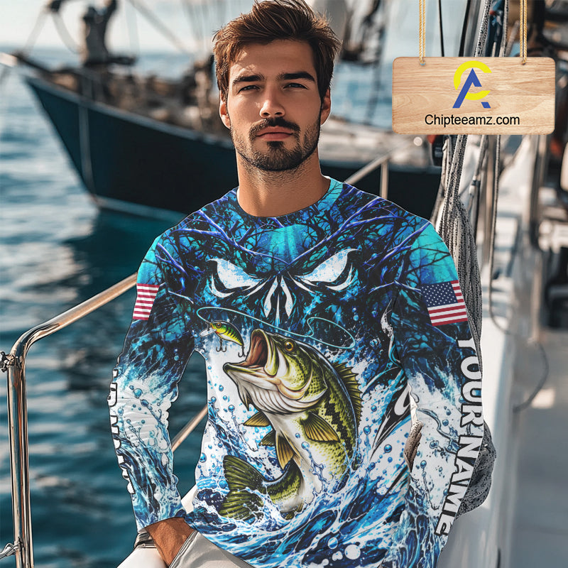 Jumping Bass Catch Lure Fishing Shirt Long Sleeve Personalized Monster Eyes Splash Blue Water Outdoor Apparel