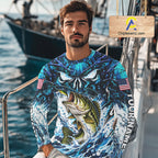 Jumping Bass Catch Lure Fishing Shirt Long Sleeve Personalized Monster Eyes Splash Blue Water Outdoor Apparel