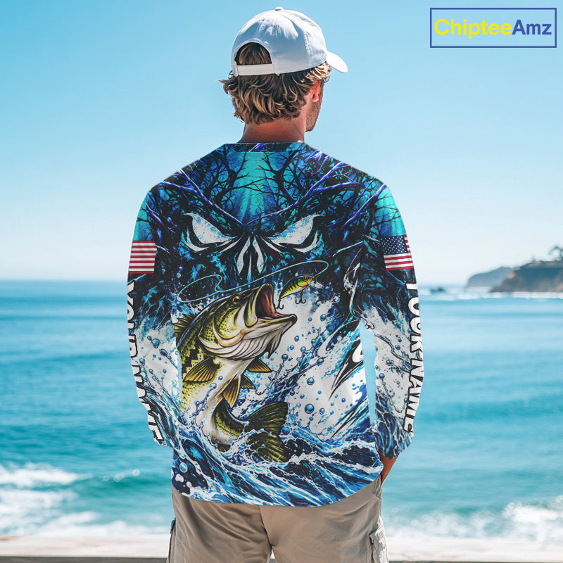 Jumping Bass Catch Lure Fishing Shirt Long Sleeve Personalized Monster Eyes Splash Blue Water Outdoor Apparel