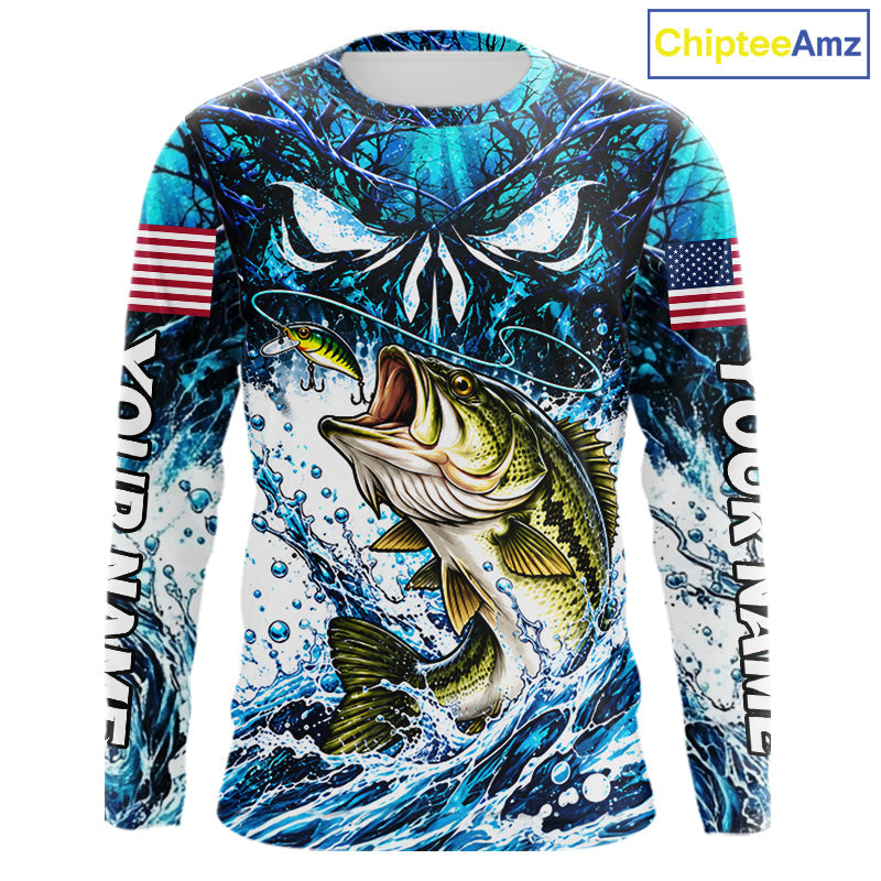 Jumping Bass Catch Lure Fishing Shirt Long Sleeve Personalized Monster Eyes Splash Blue Water Outdoor Apparel
