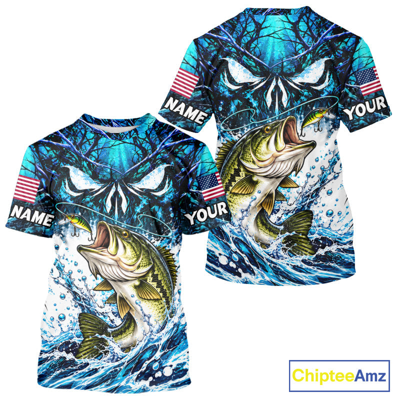 Jumping Bass Catch Lure Fishing Shirt Short Sleeve Personalized Monster Eyes Splash Blue Water Outdoor Apparel