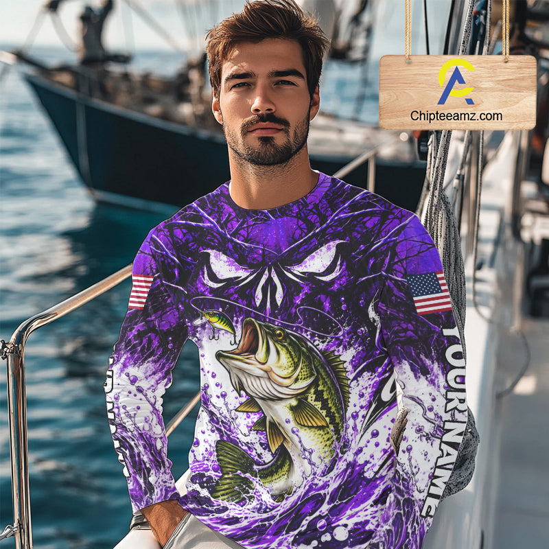 Jumping Bass Catch Lure Fishing Shirt Long Sleeve Personalized Monster Eyes Splash Purple Water Outdoor Apparel