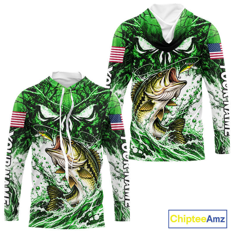 Jumping Bass Catch Lure Hooded Fishing Shirt Personalized Monster Eyes Splash Green Water Outdoor Apparel