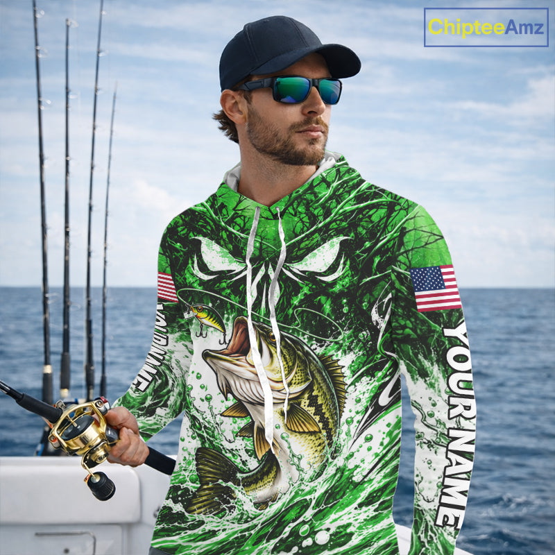 Jumping Bass Catch Lure Hooded Fishing Shirt Personalized Monster Eyes Splash Green Water Outdoor Apparel