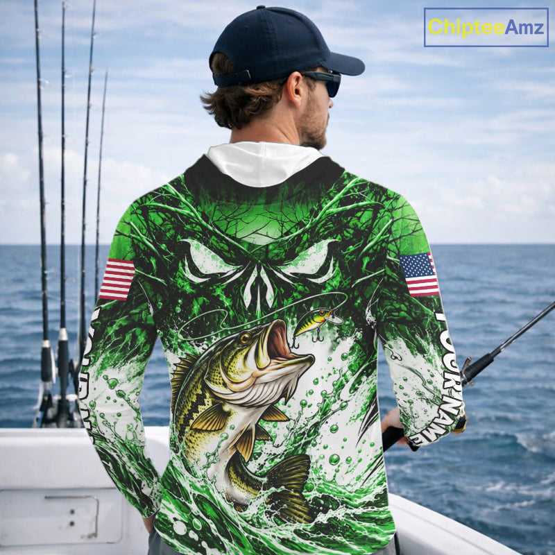 Jumping Bass Catch Lure Hooded Fishing Shirt Personalized Monster Eyes Splash Green Water Outdoor Apparel