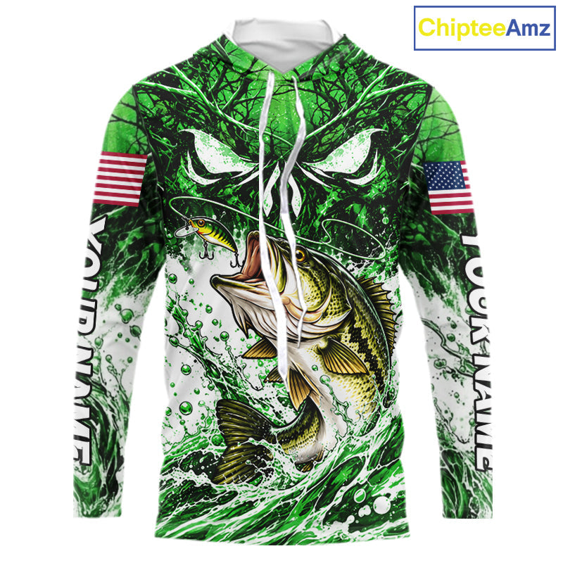 Jumping Bass Catch Lure Hooded Fishing Shirt Personalized Monster Eyes Splash Green Water Outdoor Apparel