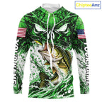 Jumping Bass Catch Lure Hooded Fishing Shirt Personalized Monster Eyes Splash Green Water Outdoor Apparel
