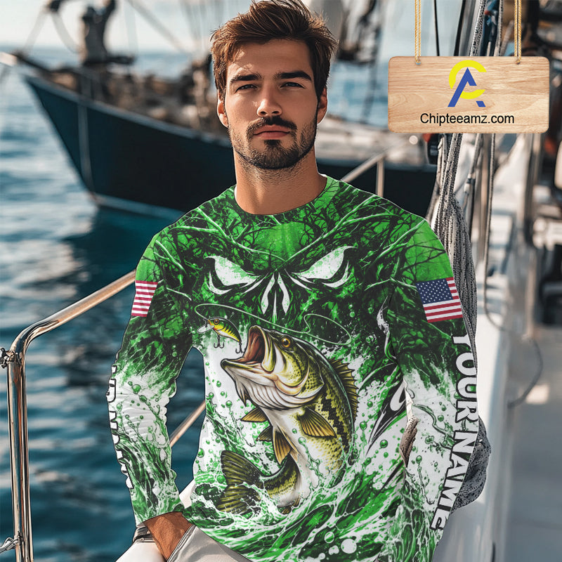 Jumping Bass Catch Lure Fishing Shirt Long Sleeve Personalized Monster Eyes Splash Green Water Outdoor Apparel