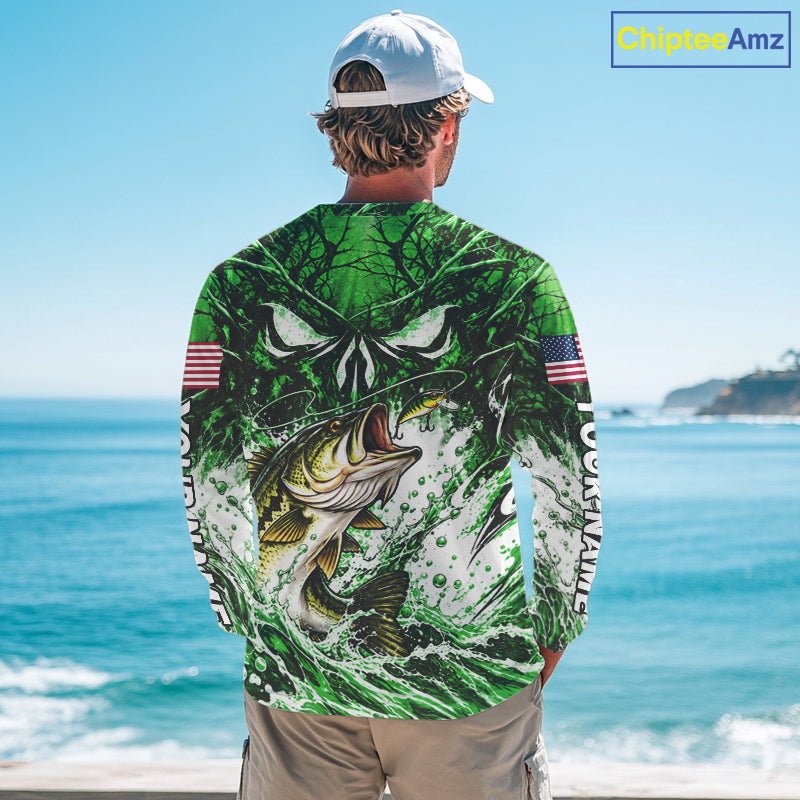 Jumping Bass Catch Lure Fishing Shirt Long Sleeve Personalized Monster Eyes Splash Green Water Outdoor Apparel
