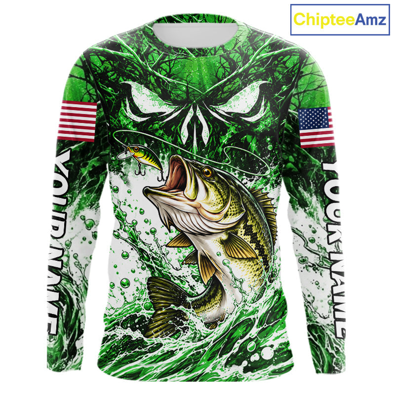 Jumping Bass Catch Lure Fishing Shirt Long Sleeve Personalized Monster Eyes Splash Green Water Outdoor Apparel