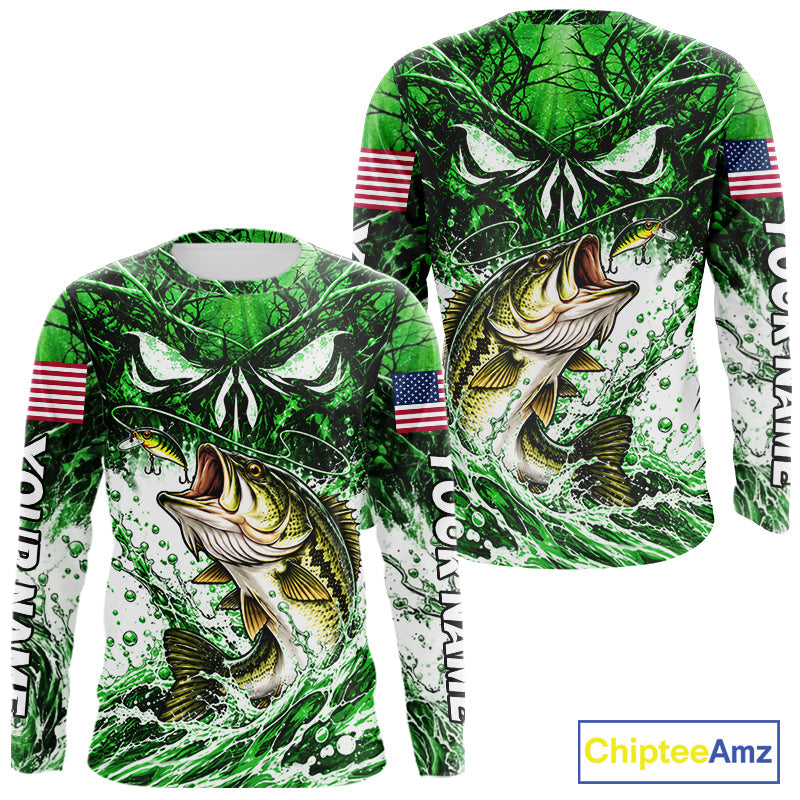 Jumping Bass Catch Lure Fishing Shirt Long Sleeve Personalized Monster Eyes Splash Green Water Outdoor Apparel