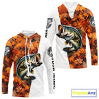 Autumn Bass Hooded Fishing Shirt, Fall Largemouth Bass Long Sleeve Fishing Jersey