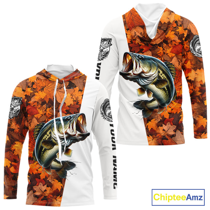 Autumn Bass Hooded Fishing Shirt, Fall Largemouth Bass Long Sleeve Fishing Jersey