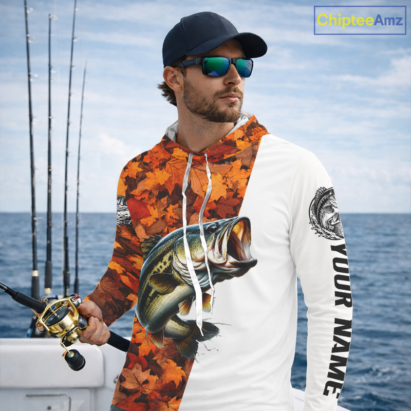 Autumn Bass Hooded Fishing Shirt, Fall Largemouth Bass Long Sleeve Fishing Jersey