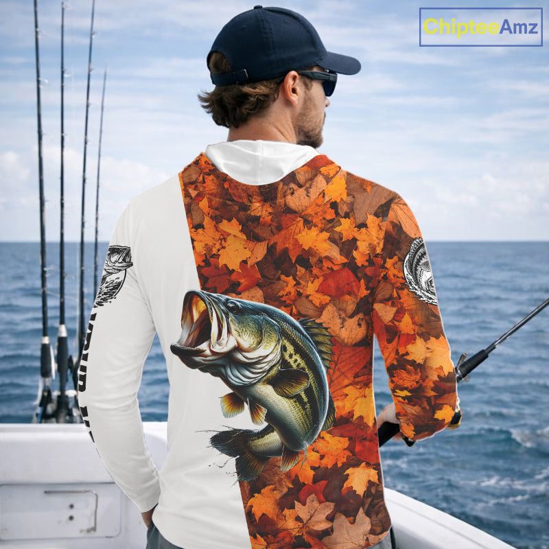 Autumn Bass Hooded Fishing Shirt, Fall Largemouth Bass Long Sleeve Fishing Jersey