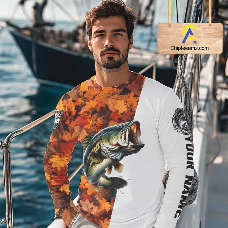 Autumn Bass Fishing Shirt, Fall Largemouth Bass Long Sleeve Fishing Jersey