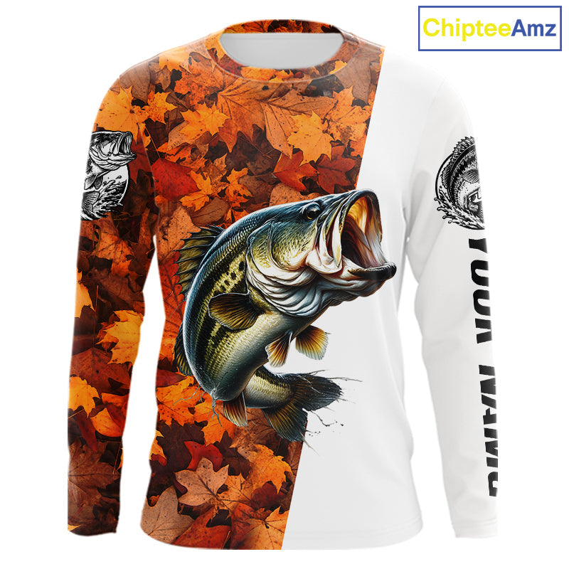 Autumn Bass Fishing Shirt, Fall Largemouth Bass Long Sleeve Fishing Jersey