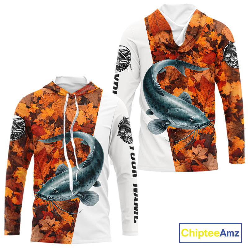 Autumn Catfish Hooded Fishing Shirt, Fall Catfish Long Sleeve Fishing Jersey