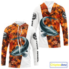 Autumn Catfish Hooded Fishing Shirt, Fall Catfish Long Sleeve Fishing Jersey