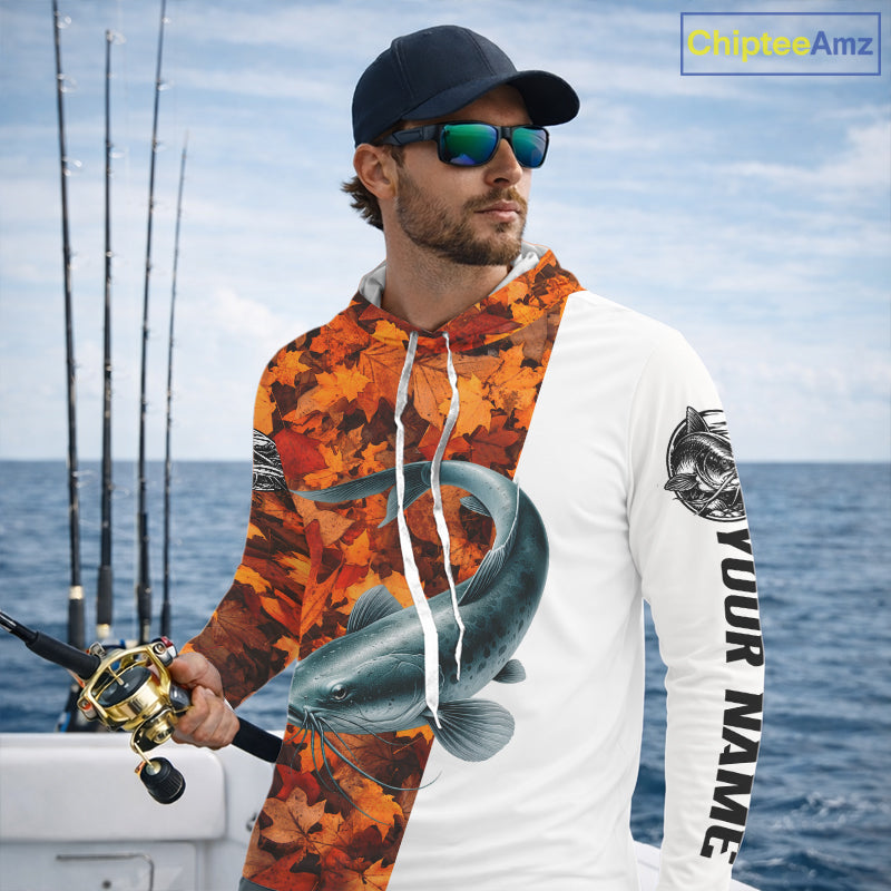 Autumn Catfish Hooded Fishing Shirt, Fall Catfish Long Sleeve Fishing Jersey