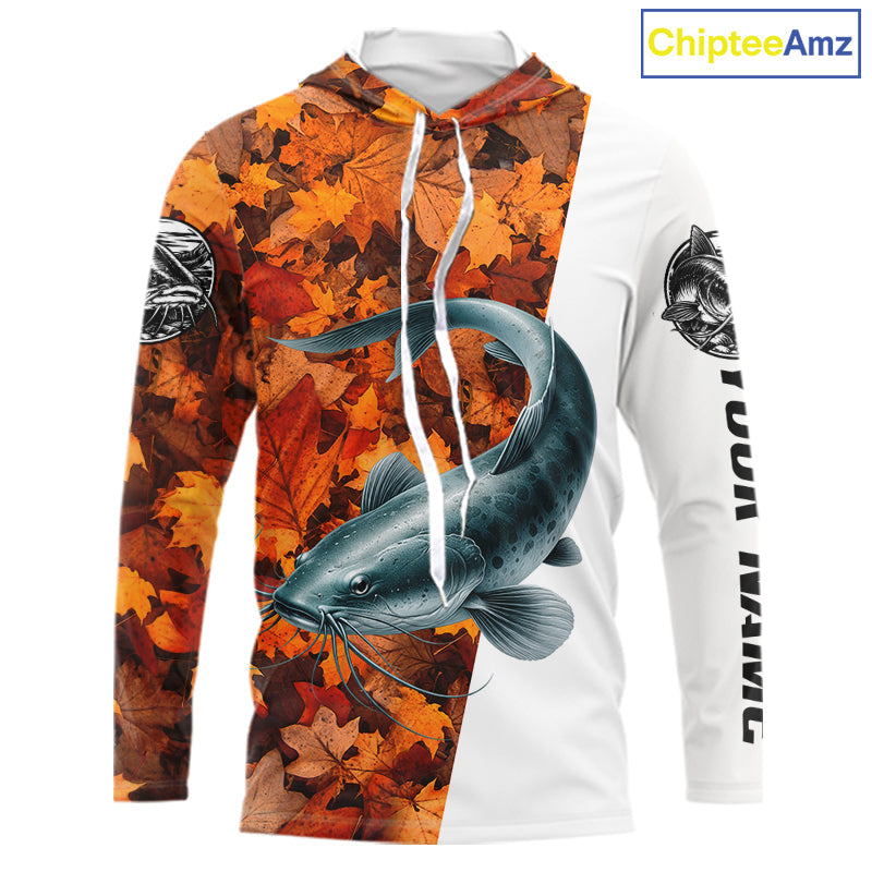 Autumn Catfish Hooded Fishing Shirt, Fall Catfish Long Sleeve Fishing Jersey