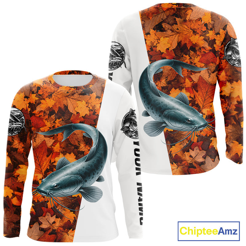 Autumn Catfish Fishing Shirt, Fall Catfish Long Sleeve Fishing Jersey