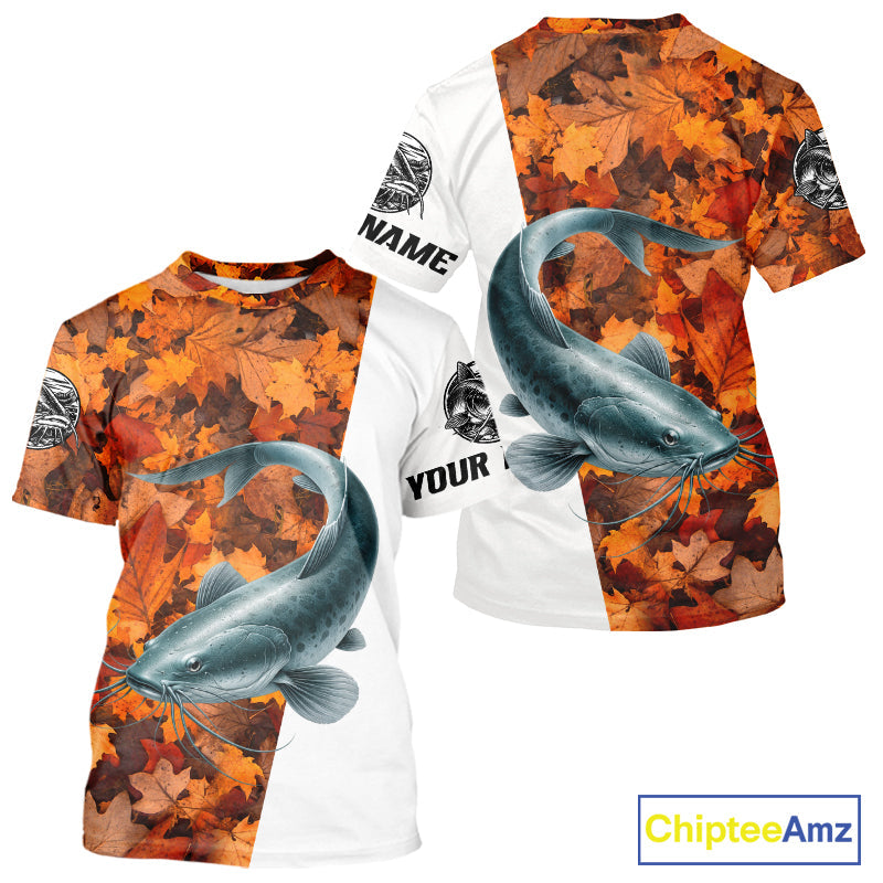 Autumn Catfish Fishing Shirt, Fall Catfish Short Sleeve Fishing Jersey
