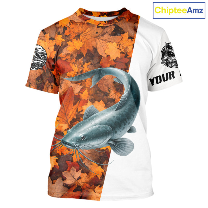 Autumn Catfish Fishing Shirt, Fall Catfish Short Sleeve Fishing Jersey