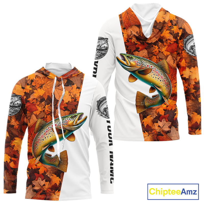 Autumn Brown Trout Hooded Fishing Shirt, Fall Trout Long Sleeve Fishing Jersey