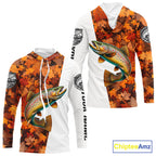 Autumn Brown Trout Hooded Fishing Shirt, Fall Trout Long Sleeve Fishing Jersey