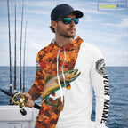 Autumn Brown Trout Hooded Fishing Shirt, Fall Trout Long Sleeve Fishing Jersey