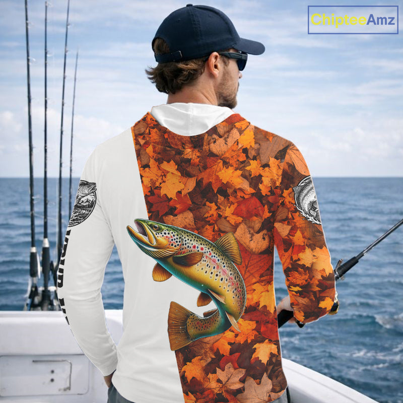 Autumn Brown Trout Hooded Fishing Shirt, Fall Trout Long Sleeve Fishing Jersey