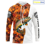 Autumn Brown Trout Hooded Fishing Shirt, Fall Trout Long Sleeve Fishing Jersey