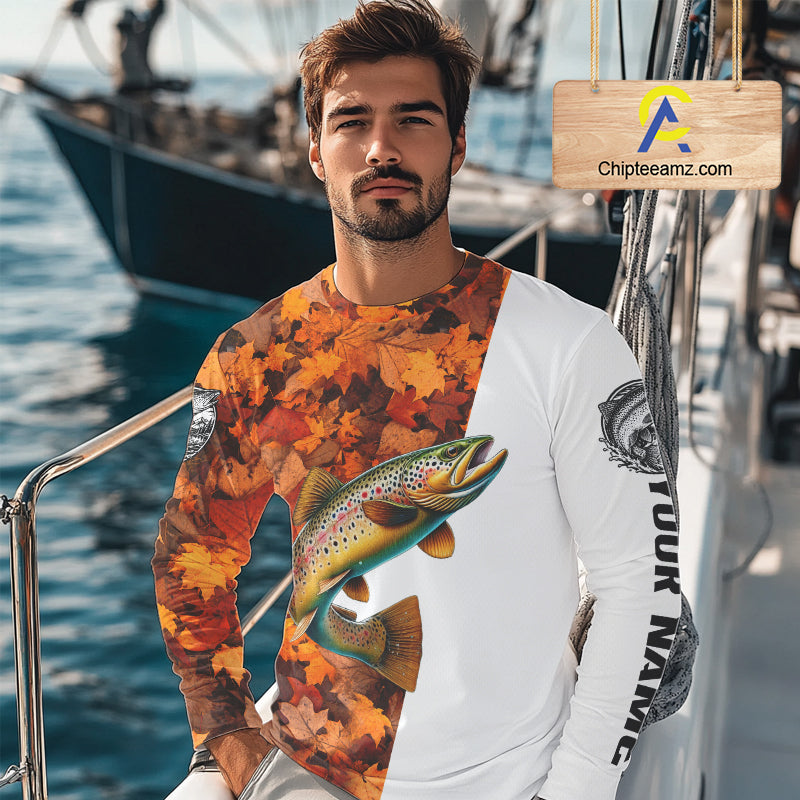 Autumn Brown Trout Fishing Shirt, Fall Trout Long Sleeve Fishing Jersey