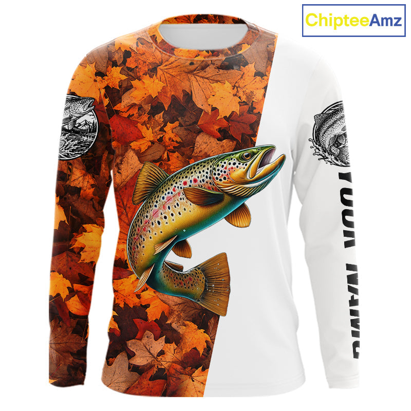 Autumn Brown Trout Fishing Shirt, Fall Trout Long Sleeve Fishing Jersey