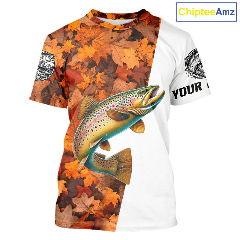 Autumn Brown Trout Fishing Shirt, Fall Trout Short Sleeve Fishing Jersey