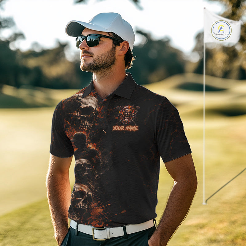 Personalized Skull Golf Top, Custom Golf Polo Shirt, Fiery Skull Golf Shirt, Golf Gift