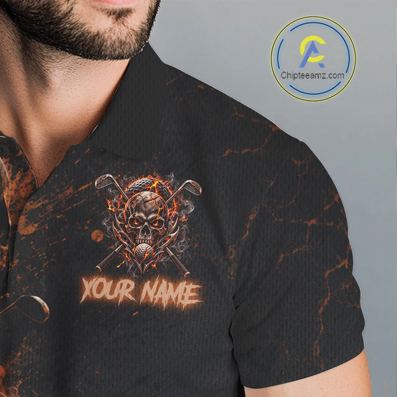 Personalized Skull Golf Top, Custom Golf Polo Shirt, Fiery Skull Golf Shirt, Golf Gift