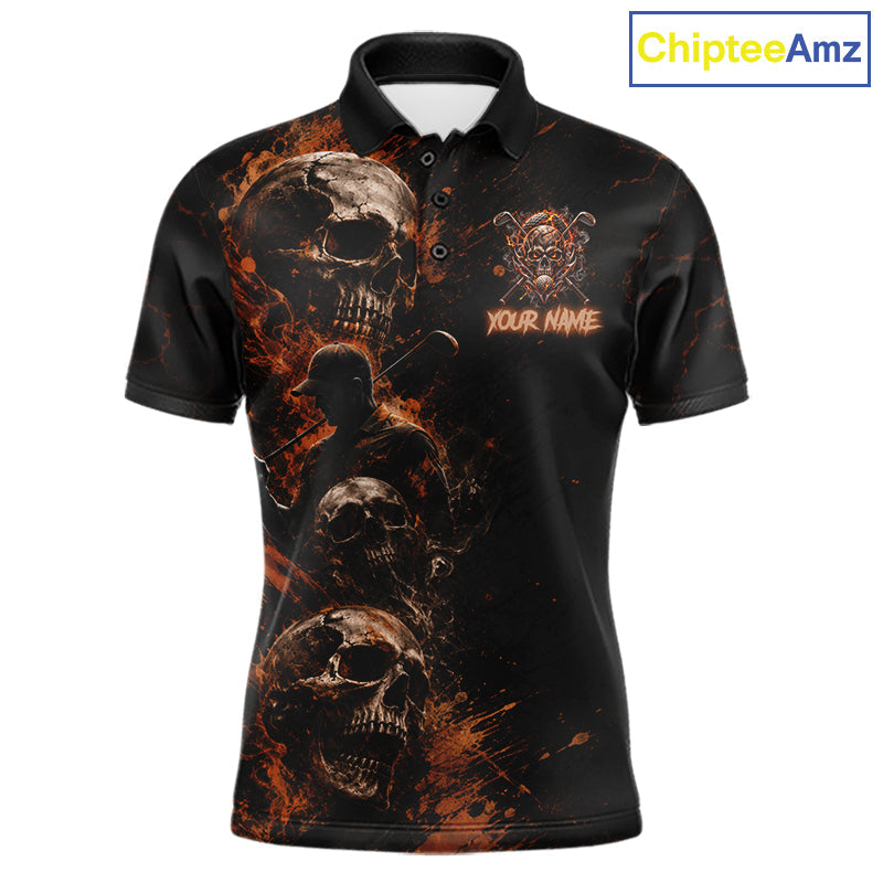 Personalized Skull Golf Top, Custom Golf Polo Shirt, Fiery Skull Golf Shirt, Golf Gift