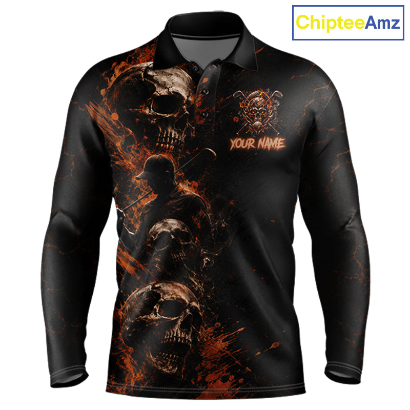 Personalized Skull Golf Top, Custom Golf Polo Shirt, Fiery Skull Golf Shirt, Golf Gift