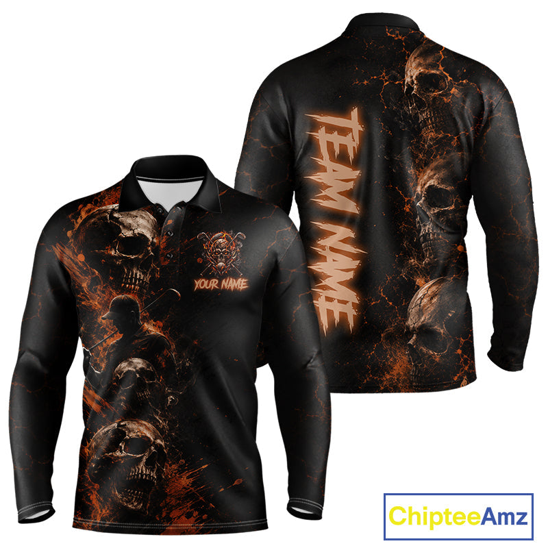 Personalized Skull Golf Top, Custom Golf Polo Shirt, Fiery Skull Golf Shirt, Golf Gift