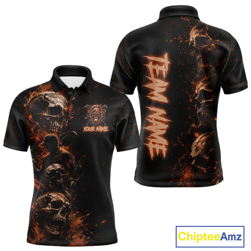 Personalized Skull Golf Top, Custom Golf Polo Shirt, Fiery Skull Golf Shirt, Golf Gift