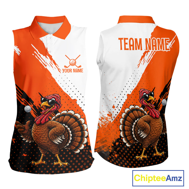 Personalized Turkey Sleeveless Golf Polo Shirt, Custom Thanksgiving Golf Shirt