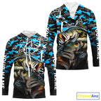 Largemouth Bass Hooded Fishing Shirt, Blue Camo Compass Long Sleeve Fishing Jersey